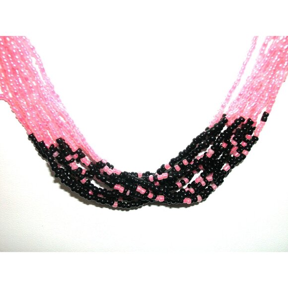 Handmade Multi-Strand Pink & Black Beaded Necklace With Metal Clasp Closure5 blk - Picture 2 of 4